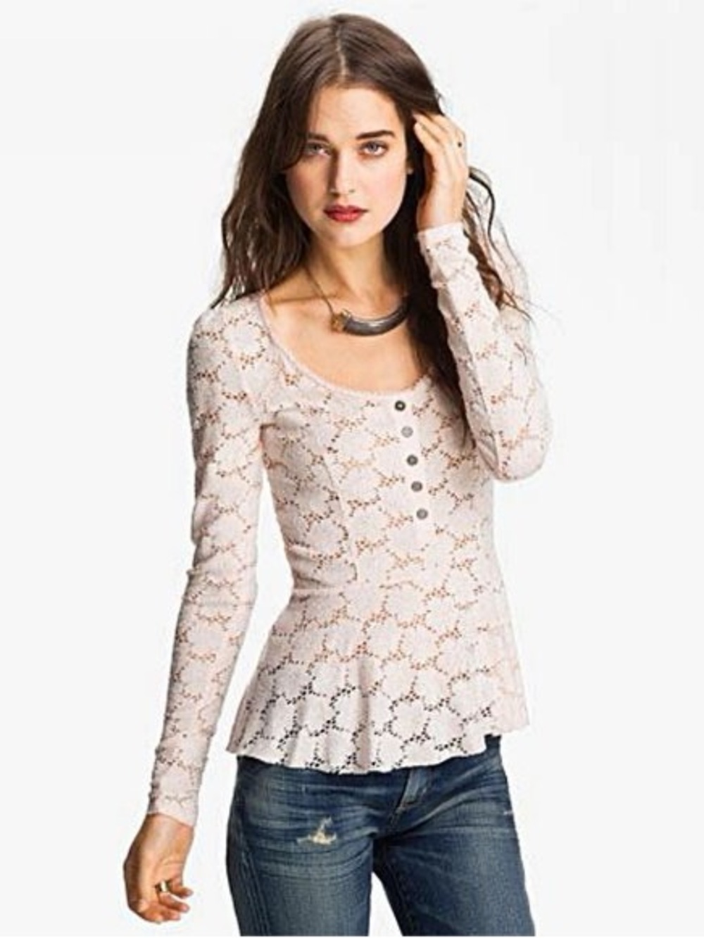 Coquette Fairy Grunge Y2K Free People Pink Lace Henley Peplum